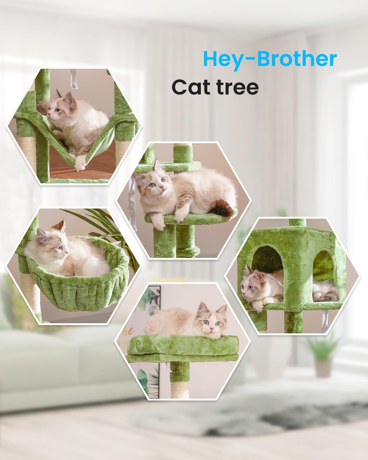 Cat Tree with Large Hammock, Multi-Level Cat Tower for Indoor Cats, Cat Condo with Sisal-Covered Scratching Posts and Top Perch, Green MPJ050GR