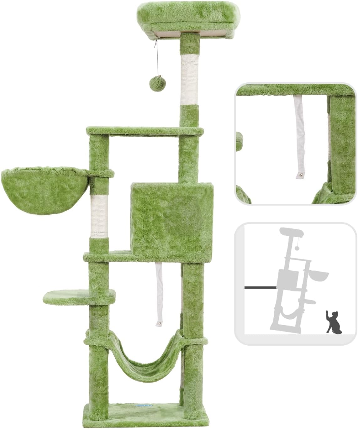 Cat Tree with Large Hammock, Multi-Level Cat Tower for Indoor Cats, Cat Condo with Sisal-Covered Scratching Posts and Top Perch, Green MPJ050GR