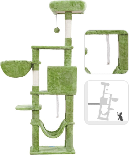 Cat Tree with Large Hammock, Multi-Level Cat Tower for Indoor Cats, Cat Condo with Sisal-Covered Scratching Posts and Top Perch, Green MPJ050GR