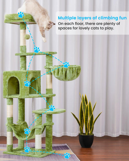 Cat Tree with Large Hammock, Multi-Level Cat Tower for Indoor Cats, Cat Condo with Sisal-Covered Scratching Posts and Top Perch, Green MPJ050GR