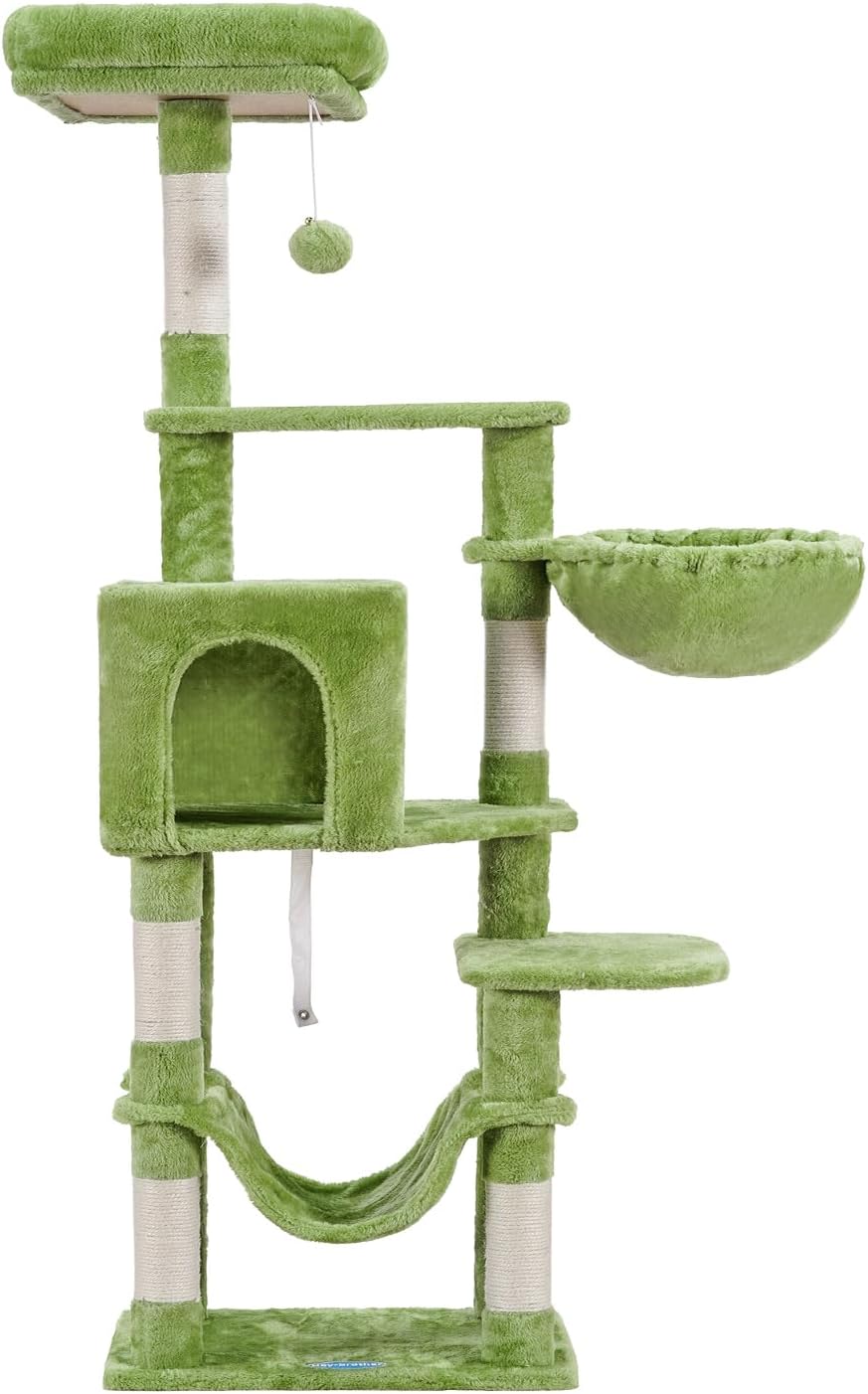 Cat Tree with Large Hammock, Multi-Level Cat Tower for Indoor Cats, Cat Condo with Sisal-Covered Scratching Posts and Top Perch, Green MPJ050GR