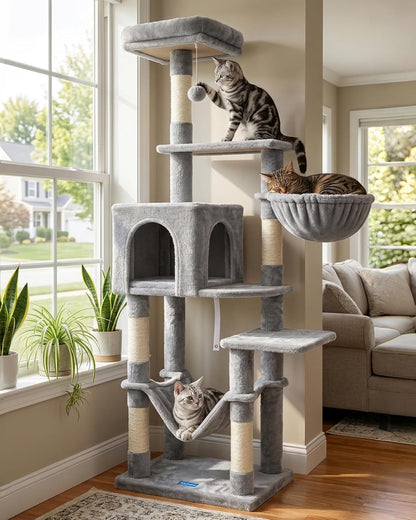 Cat Tree with Large Hammock, Multi-Level Cat Tower for Indoor Cats, Cat Condo with Sisal-Covered Scratching Posts and Top Perch, Green MPJ050GR