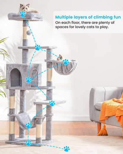 Cat Tree with Large Hammock, Multi-Level Cat Tower for Indoor Cats, Cat Condo with Sisal-Covered Scratching Posts and Top Perch, Green MPJ050GR