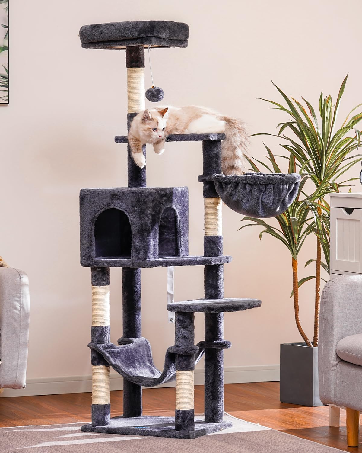 Cat Tree with Large Hammock, Multi-Level Cat Tower for Indoor Cats, Cat Condo with Sisal-Covered Scratching Posts and Top Perch, Green MPJ050GR
