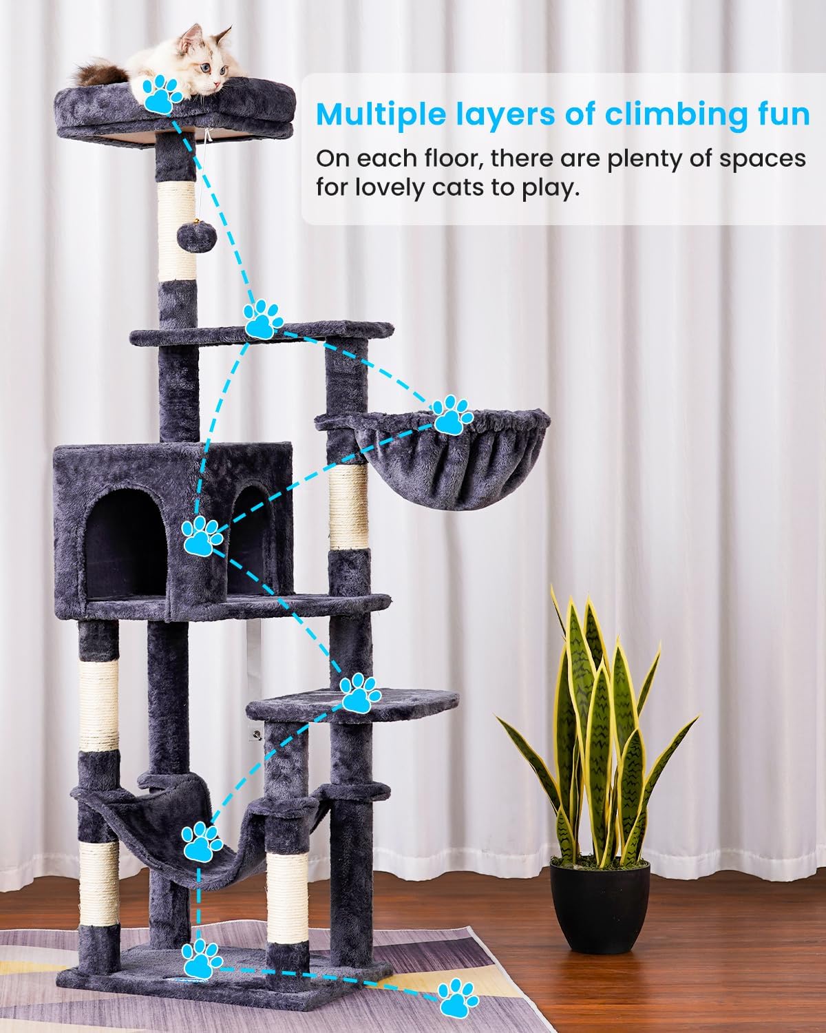 Cat Tree with Large Hammock, Multi-Level Cat Tower for Indoor Cats, Cat Condo with Sisal-Covered Scratching Posts and Top Perch, Green MPJ050GR