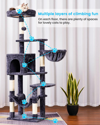 Cat Tree with Large Hammock, Multi-Level Cat Tower for Indoor Cats, Cat Condo with Sisal-Covered Scratching Posts and Top Perch, Green MPJ050GR