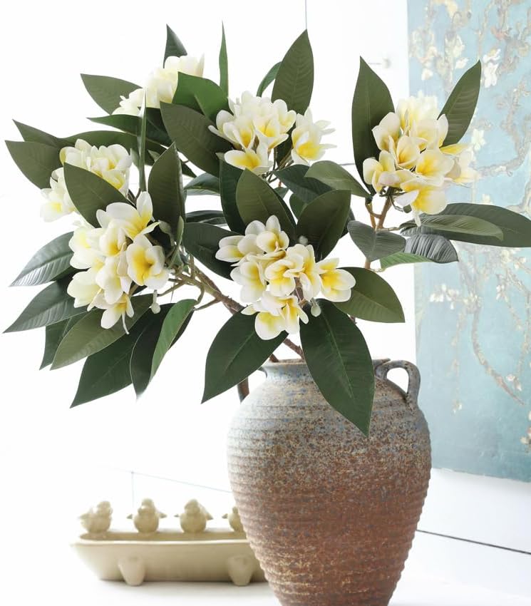 2PCS Artificial Plumeria Frangipani Flower Long Stem Real Touch Lifelike for Wedding Home Party Autumn Flowers Decoration (70CM, Beige)