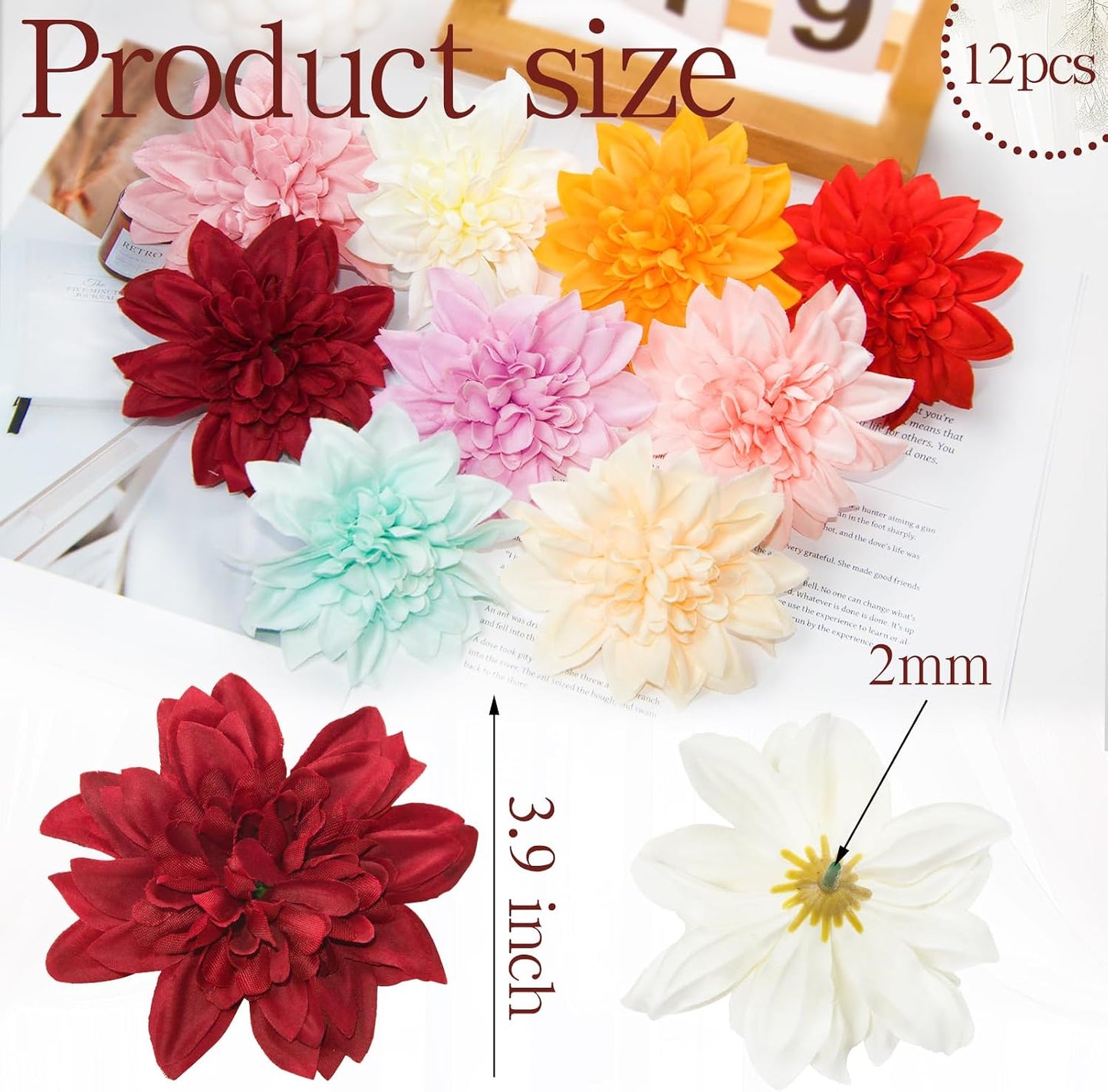 12 Pcs Fake Flowers Stemless Dahlia Flower Heads, 3.9 inch Dahlia Light Pink Artificial Flowers for Outdoors,Realistic Silk Flowers for Crafts Bouquets Wedding Home Table Centerpieces Decorations