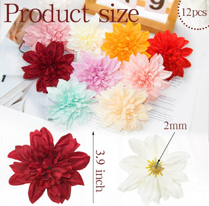 12 Pcs Fake Flowers Stemless Dahlia Flower Heads, 3.9 inch Dahlia Light Pink Artificial Flowers for Outdoors,Realistic Silk Flowers for Crafts Bouquets Wedding Home Table Centerpieces Decorations