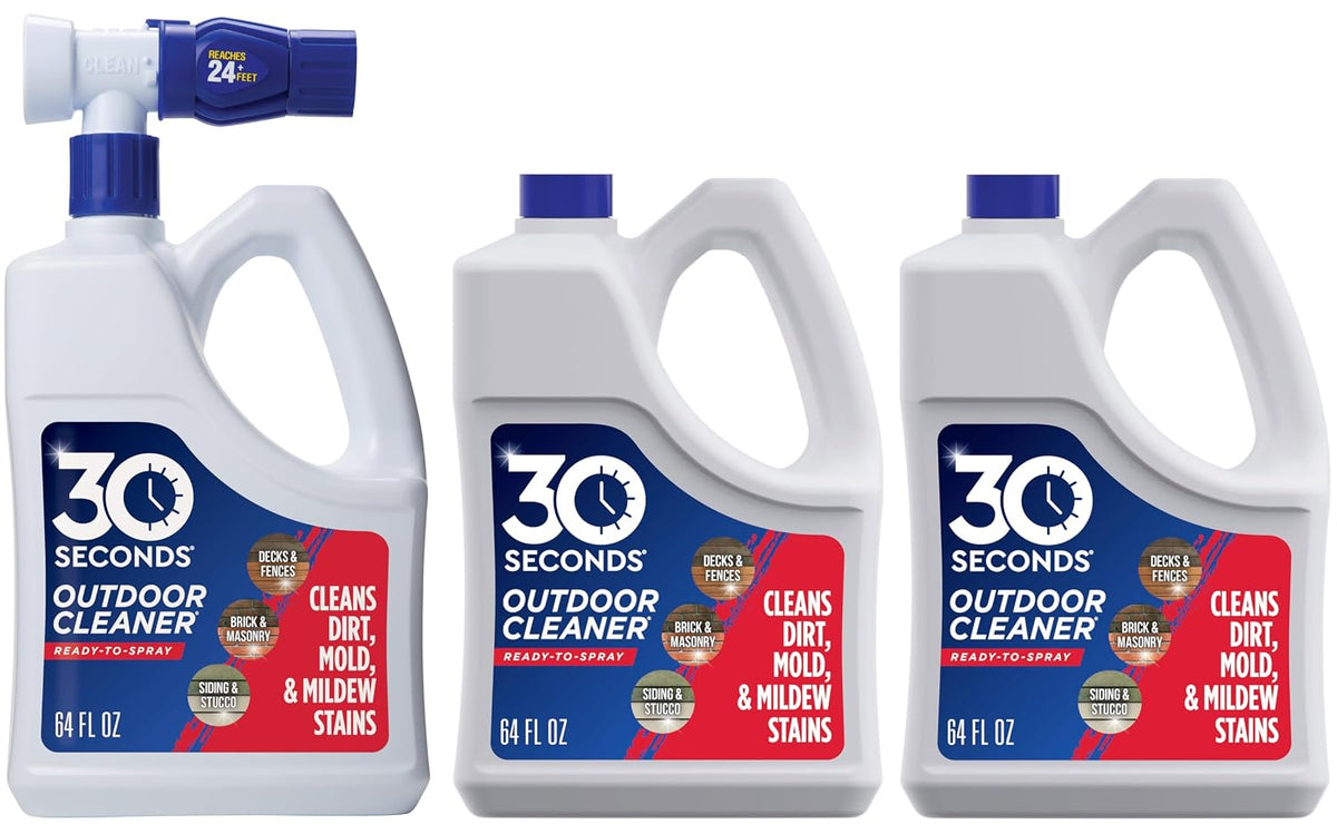 Outdoor Cleaner | Cleans Moss Stains from House, Vinyl Siding, Deck, Patio, Fence - 3 Capped Bottles, 1 Hose End Spray Attachment (64 Fl Oz (Pack of 3)