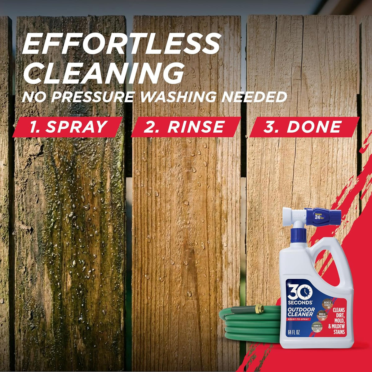 Outdoor Cleaner | Cleans Moss Stains from House, Vinyl Siding, Deck, Patio, Fence - 3 Capped Bottles, 1 Hose End Spray Attachment (64 Fl Oz (Pack of 3)