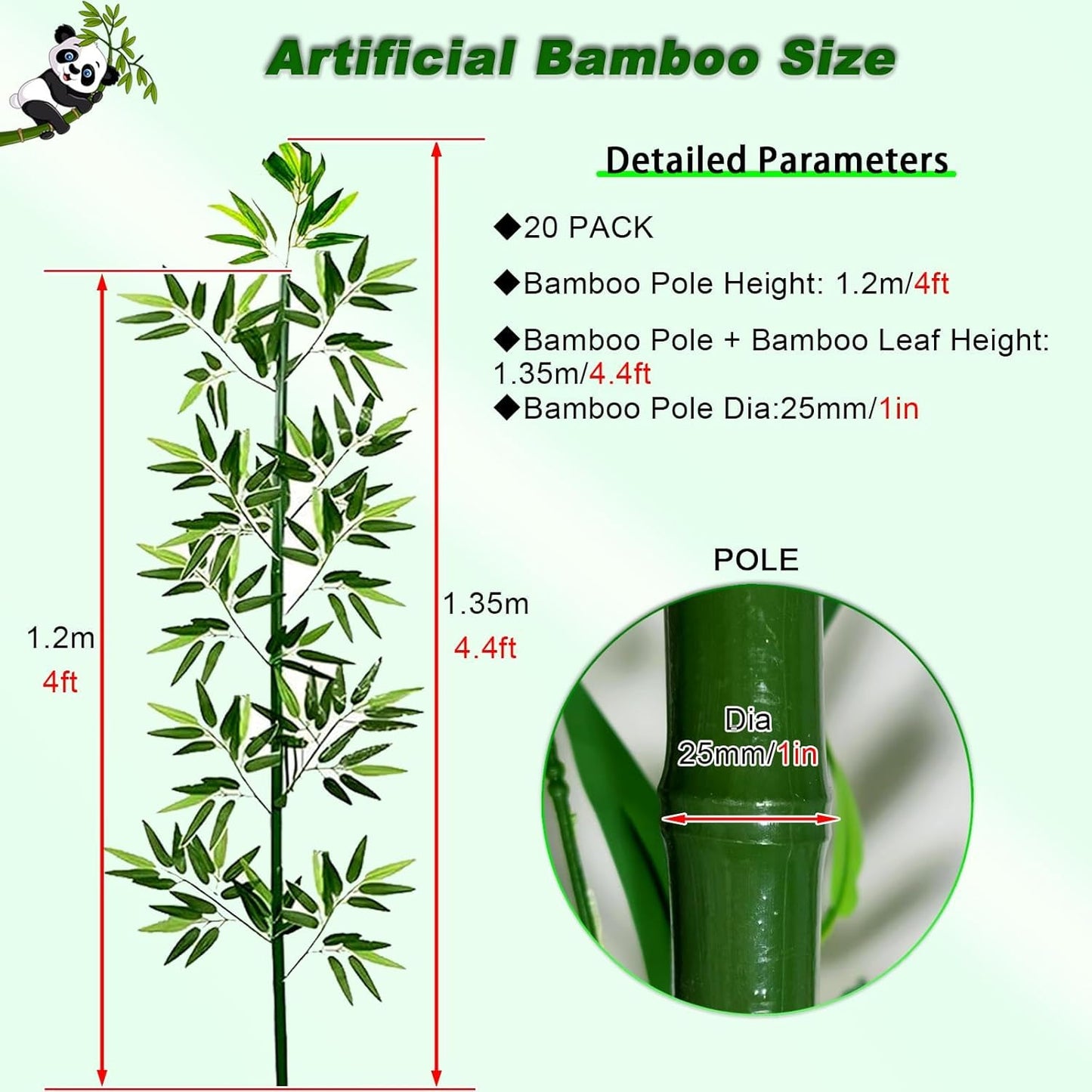 Artificial Bamboo Tree (Green, 4FT/1.2M, Artificial Bamboo Tree 4FT (20 Pack))- UV Resistant Outdoor Indoor Faux Bamboo Screen with Zip Ties & Accessories