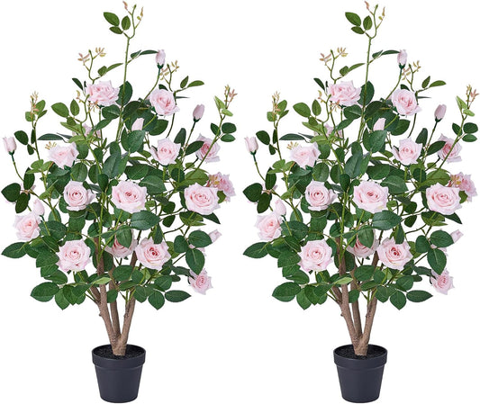 Fake Rose Plants,3Ft(36") Orange Artificial Roses,UV-Resistant Faux Silk Flowers for Indoor Outdoor,Potted Faux Trees for Home Decor, Courtyard,Patio, Front Porch Topiary Set of 2