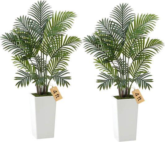 Artificial Areca Palms 4 ft, 2 Pack Fake Palm Tropical Plants with White Tall Planter, Faux Floor Silk Plant in Pot, Large Tree for Home Office Living Room Decor House Warming, Indoor Outdoor