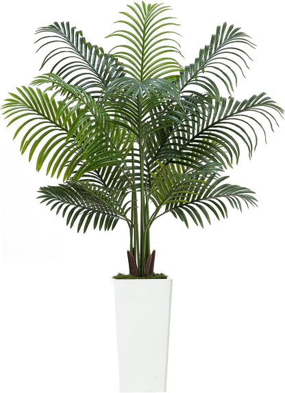 Artificial Areca Palms 4 ft, 2 Pack Fake Palm Tropical Plants with White Tall Planter, Faux Floor Silk Plant in Pot, Large Tree for Home Office Living Room Decor House Warming, Indoor Outdoor