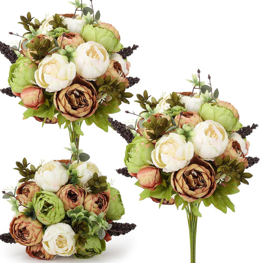 Silk Peony Flower Arrangement, 2 Bouquets Vintage Beige Green Brown Artificial Hydrangea Stems for Wedding, Home, Centerpiece, Table Decor