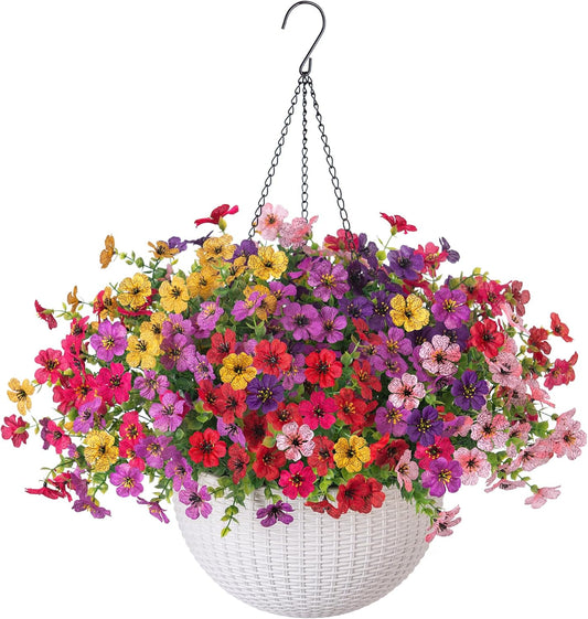Artificial Faux Hanging Plants Flowers Basket for Outdoor Outside Spring Summer Decoration, Fake Silk UV Sun Resistant Realistic Colorful Daisy for Porch Patio Balcony Home