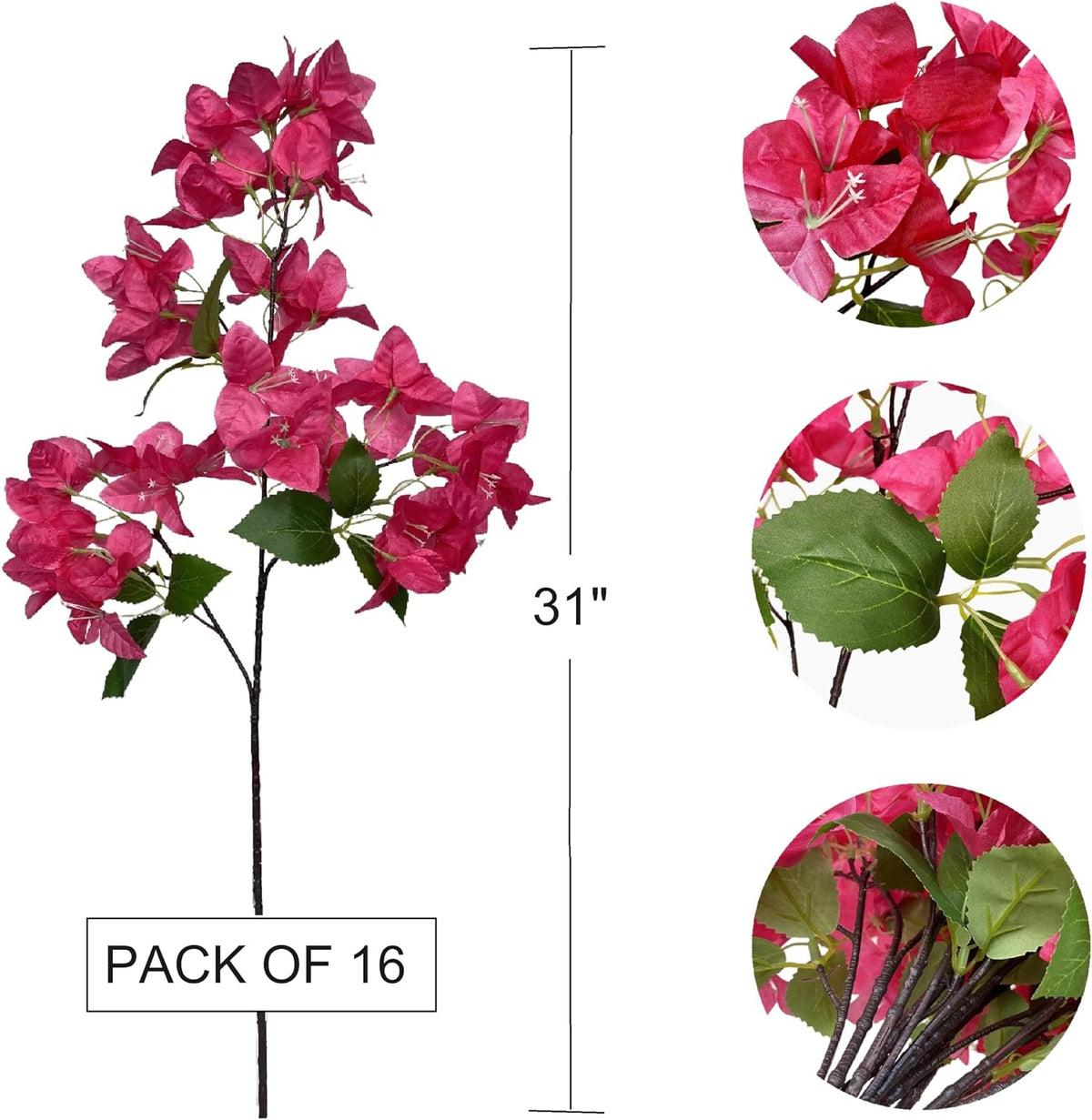 Pack of 16 - Artificial Bougainvillea Flower Stems Silk Bougainvillea Long Branches Full Blossoms for Home Wedding Table Centerpiece Shower Event Backdrop Indoor Outdoor Decorations (Fuchsia)