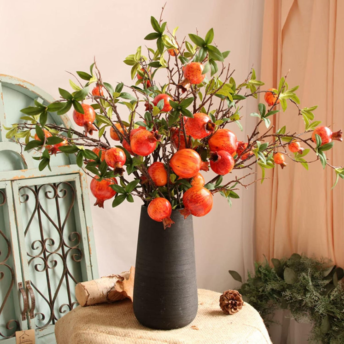 2PCS Artificial Pomegranate Branches, 37.4Inch Artificial Pomegranate Tree Fake Pomegranate Flower Bouquet Holly Rosehip Berries Picks Stems for Home Office Decor