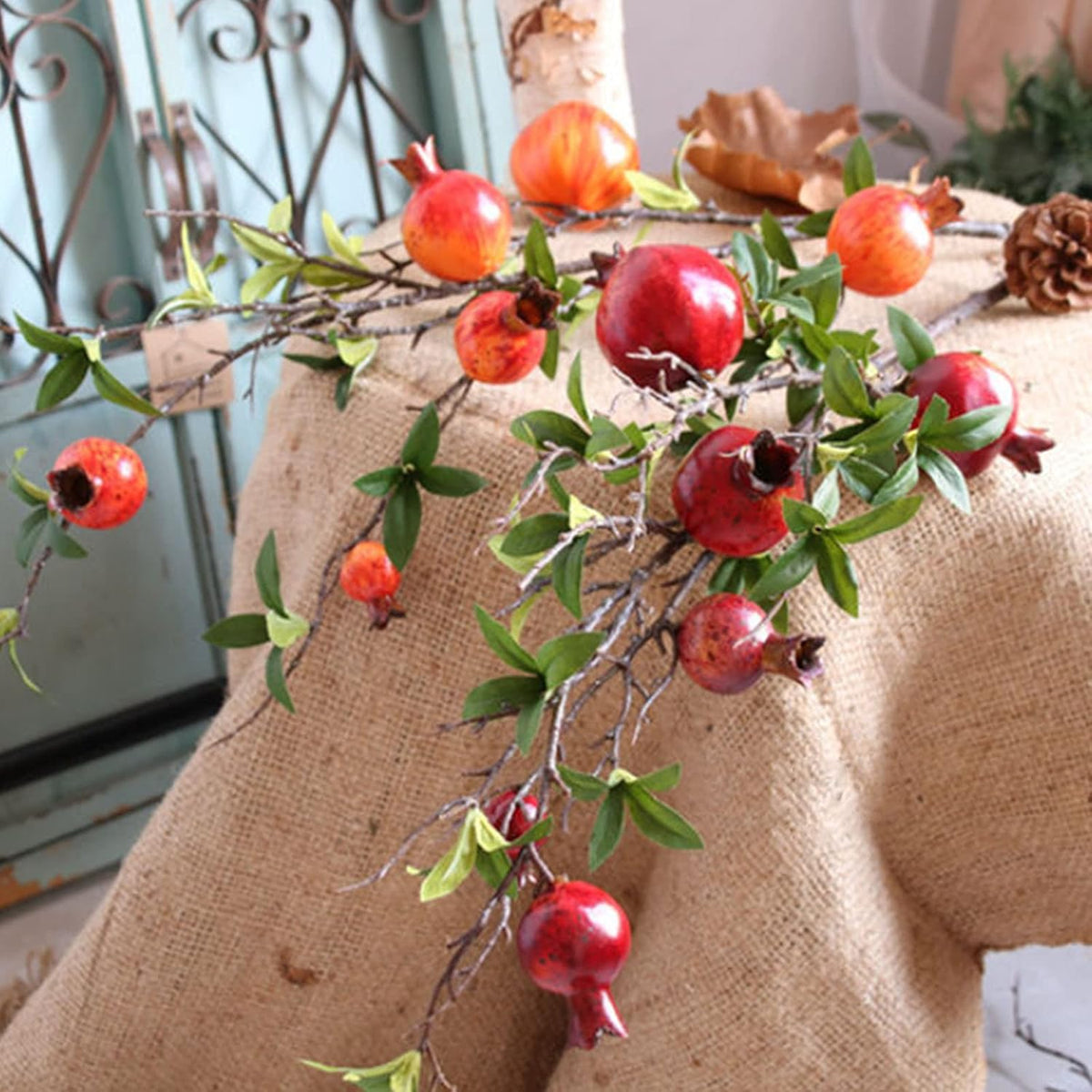 2PCS Artificial Pomegranate Branches, 37.4Inch Artificial Pomegranate Tree Fake Pomegranate Flower Bouquet Holly Rosehip Berries Picks Stems for Home Office Decor