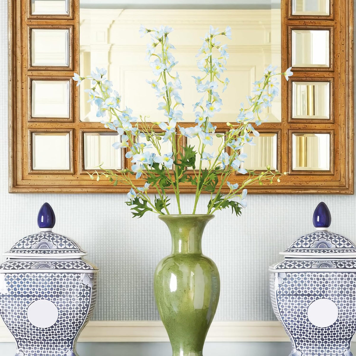 4 Pcs Delphinium Artificial Flowers Light Blue 31" Long Stem Silk Larkspur Faux Flowers Snapdragon Floral Arrangements for Tall Vase Home Wedding Table Centerpiece Outdoor Garden DIY Crafts