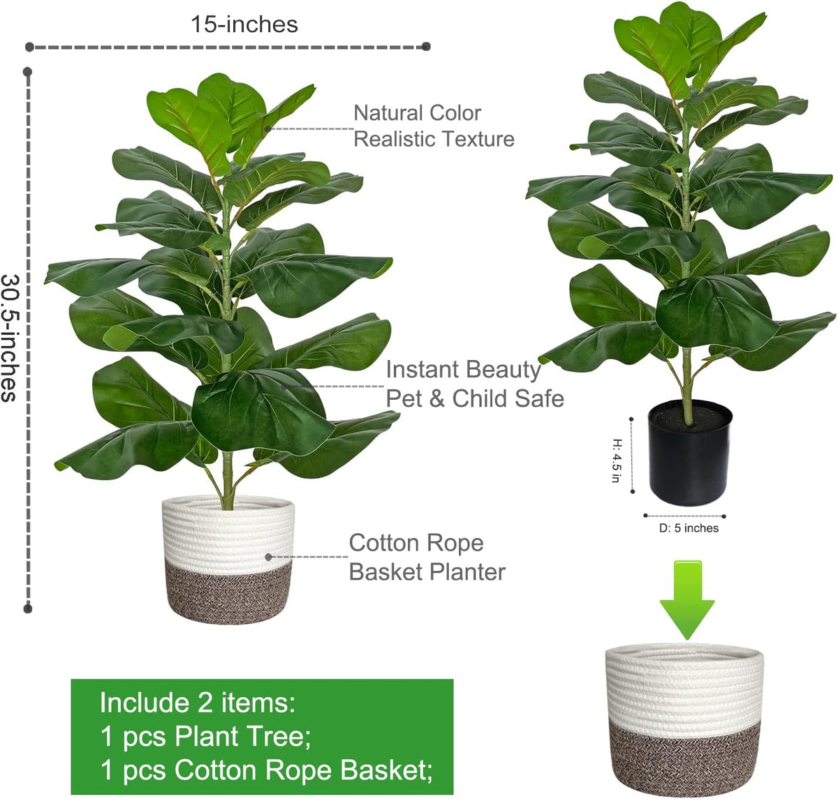 Artificial Fiddle Leaf Fig Tree/Faux Ficus Lyrata for Home Office Decoration, 30.5" Tall, with Cotton Rope Basket