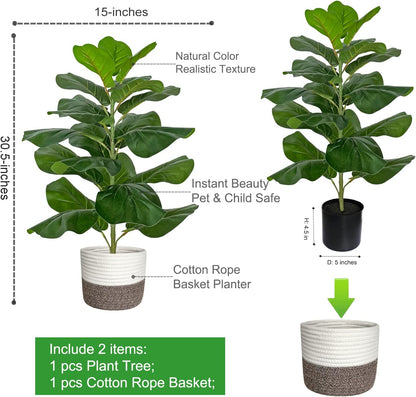 Artificial Fiddle Leaf Fig Tree/Faux Ficus Lyrata for Home Office Decoration, 30.5" Tall, with Cotton Rope Basket