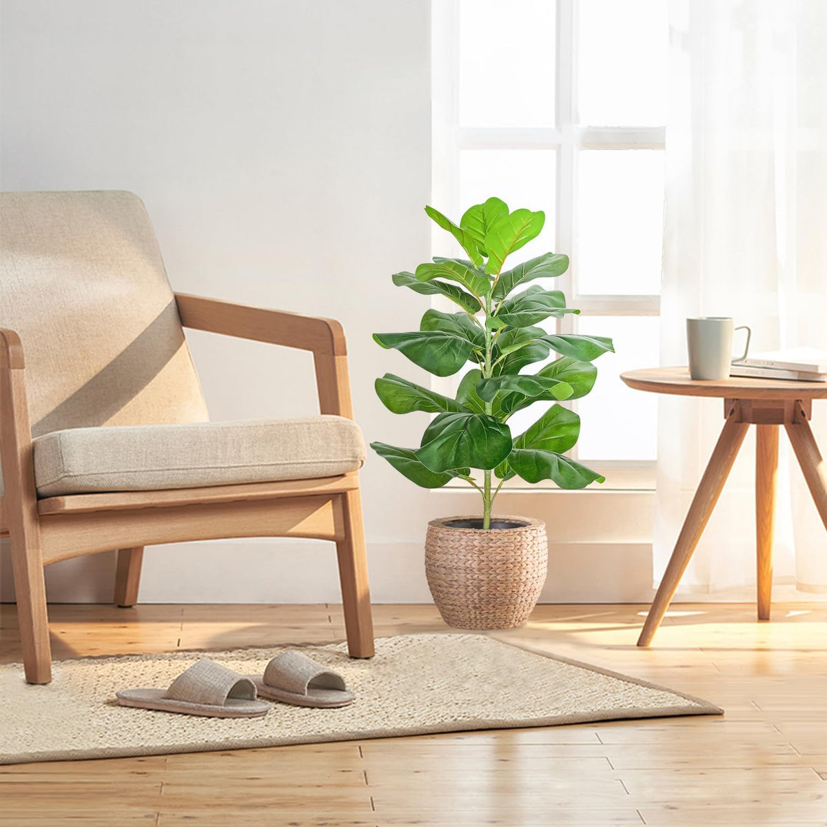 Artificial Fiddle Leaf Fig Tree/Faux Ficus Lyrata for Home Office Decoration, 30.5" Tall, with Cotton Rope Basket