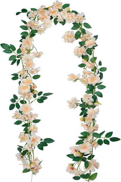 2 Pcs Artificial Flowers Garland for Outdoors White Faux Gardenia Garland 12Ft Silk Rose Hanging Vines Floral for Wedding Arch Party Wall Garden Ceremony Backdrop Fence Spring Decor