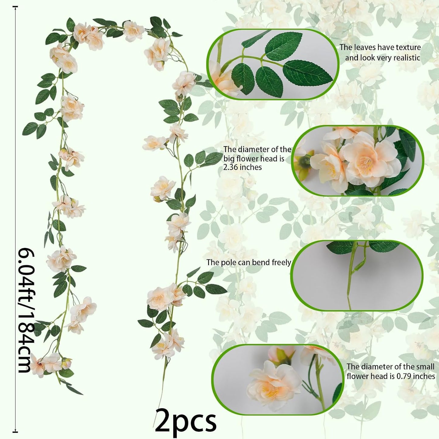 2 Pcs Artificial Flowers Garland for Outdoors White Faux Gardenia Garland 12Ft Silk Rose Hanging Vines Floral for Wedding Arch Party Wall Garden Ceremony Backdrop Fence Spring Decor
