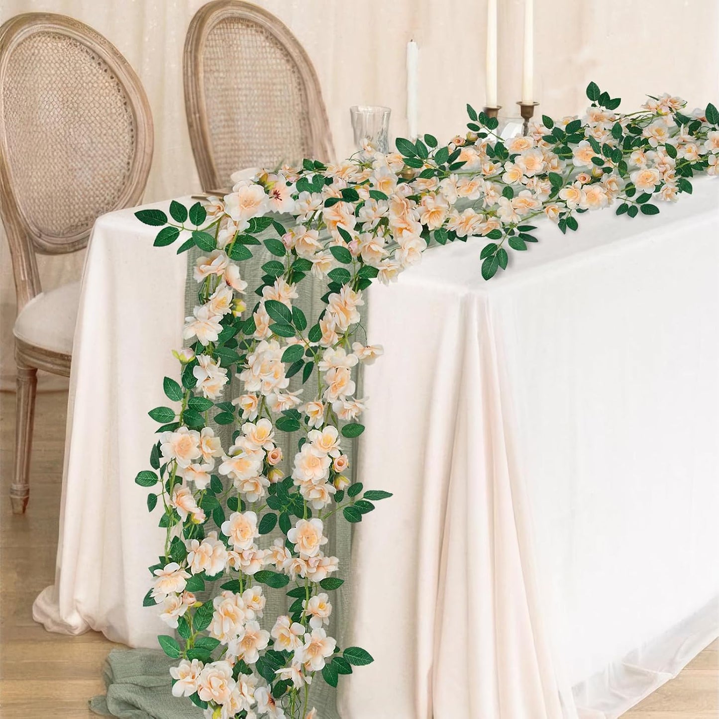 2 Pcs Artificial Flowers Garland for Outdoors White Faux Gardenia Garland 12Ft Silk Rose Hanging Vines Floral for Wedding Arch Party Wall Garden Ceremony Backdrop Fence Spring Decor
