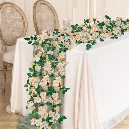 2 Pcs Artificial Flowers Garland for Outdoors White Faux Gardenia Garland 12Ft Silk Rose Hanging Vines Floral for Wedding Arch Party Wall Garden Ceremony Backdrop Fence Spring Decor