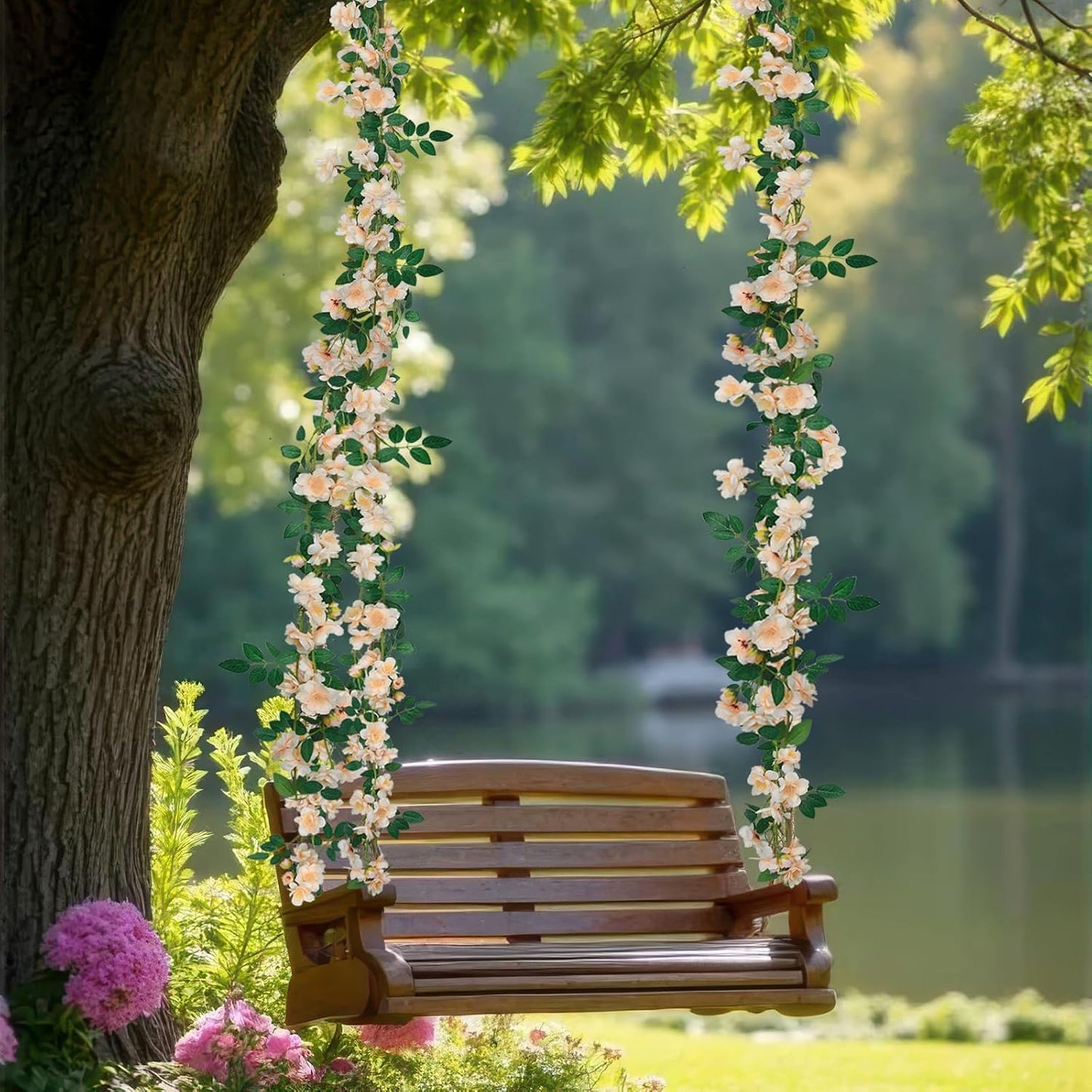 2 Pcs Artificial Flowers Garland for Outdoors White Faux Gardenia Garland 12Ft Silk Rose Hanging Vines Floral for Wedding Arch Party Wall Garden Ceremony Backdrop Fence Spring Decor