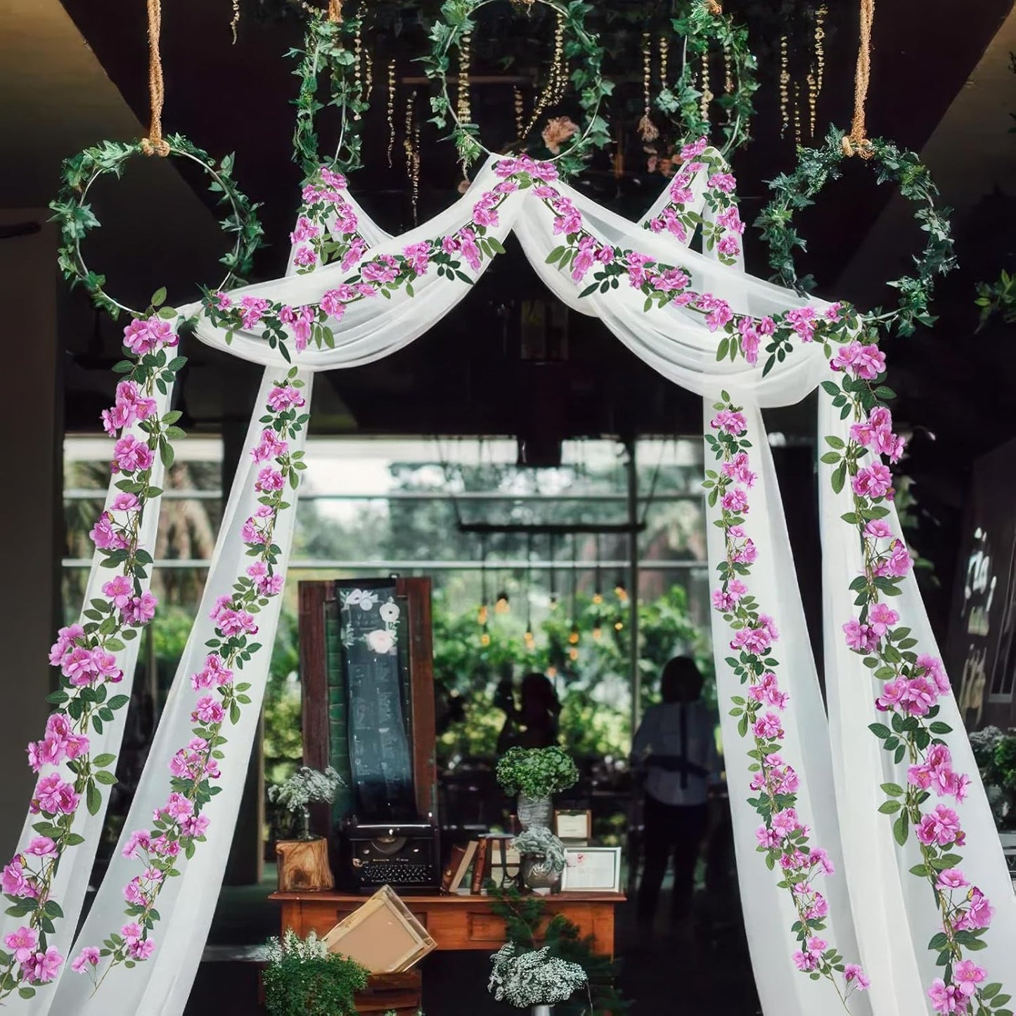 2 Pcs Artificial Flowers Garland for Outdoors White Faux Gardenia Garland 12Ft Silk Rose Hanging Vines Floral for Wedding Arch Party Wall Garden Ceremony Backdrop Fence Spring Decor