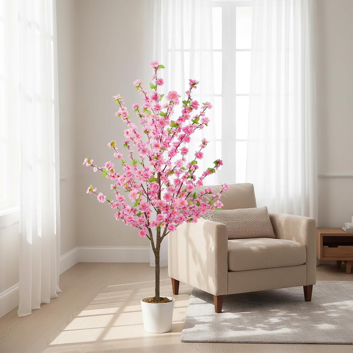 5FT Artificial Cherry Blossom Tree Faux Pink Tree Silk Sakura Tree with Plastic Moss Pot Artificial Trees for Home Decor Indoor Living Room Entryway Bedroom Office Sakura Decor