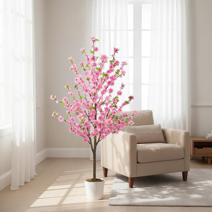5FT Artificial Cherry Blossom Tree Faux Pink Tree Silk Sakura Tree with Plastic Moss Pot Artificial Trees for Home Decor Indoor Living Room Entryway Bedroom Office Sakura Decor