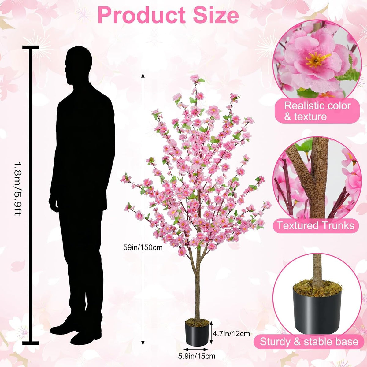 5FT Artificial Cherry Blossom Tree Faux Pink Tree Silk Sakura Tree with Plastic Moss Pot Artificial Trees for Home Decor Indoor Living Room Entryway Bedroom Office Sakura Decor