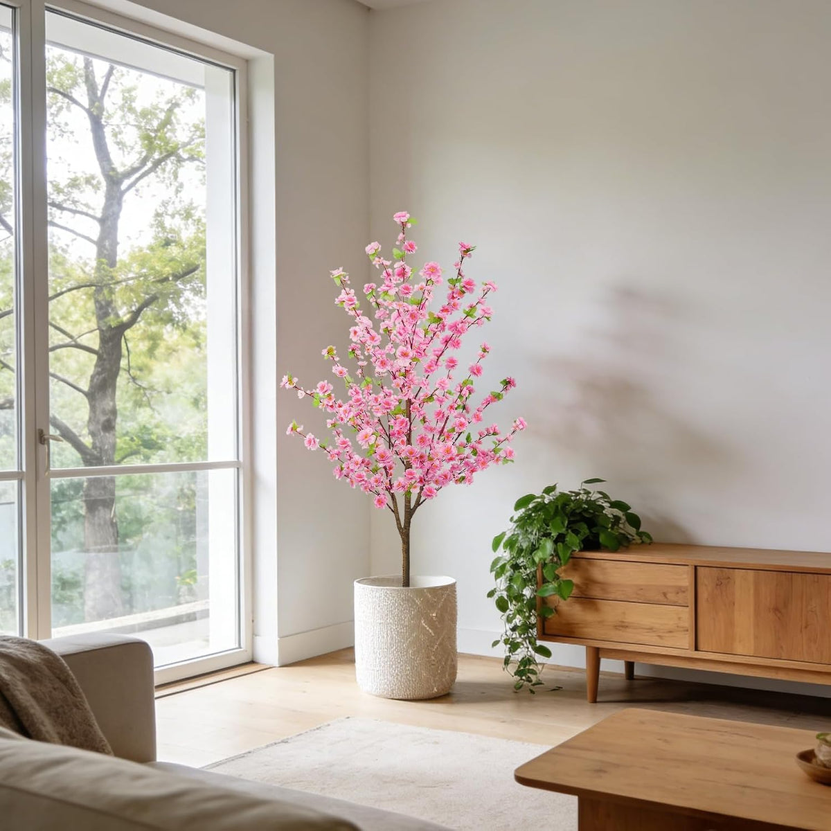 5FT Artificial Cherry Blossom Tree Faux Pink Tree Silk Sakura Tree with Plastic Moss Pot Artificial Trees for Home Decor Indoor Living Room Entryway Bedroom Office Sakura Decor