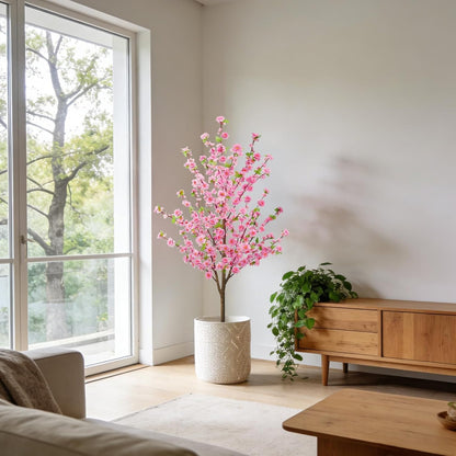 5FT Artificial Cherry Blossom Tree Faux Pink Tree Silk Sakura Tree with Plastic Moss Pot Artificial Trees for Home Decor Indoor Living Room Entryway Bedroom Office Sakura Decor
