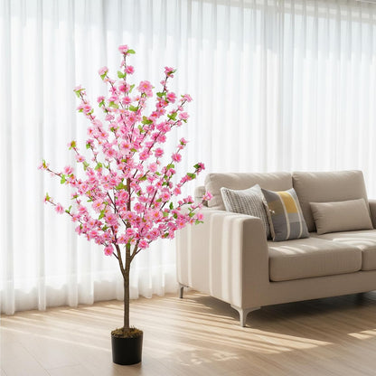 5FT Artificial Cherry Blossom Tree Faux Pink Tree Silk Sakura Tree with Plastic Moss Pot Artificial Trees for Home Decor Indoor Living Room Entryway Bedroom Office Sakura Decor