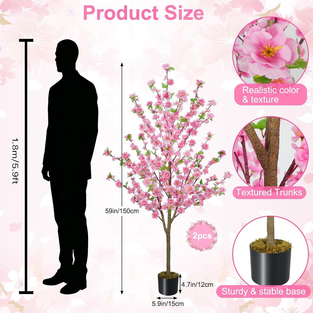 5FT Artificial Cherry Blossom Tree Faux Pink Tree Silk Sakura Tree with Plastic Moss Pot Artificial Trees for Home Decor Indoor Living Room Entryway Bedroom Office Sakura Decor