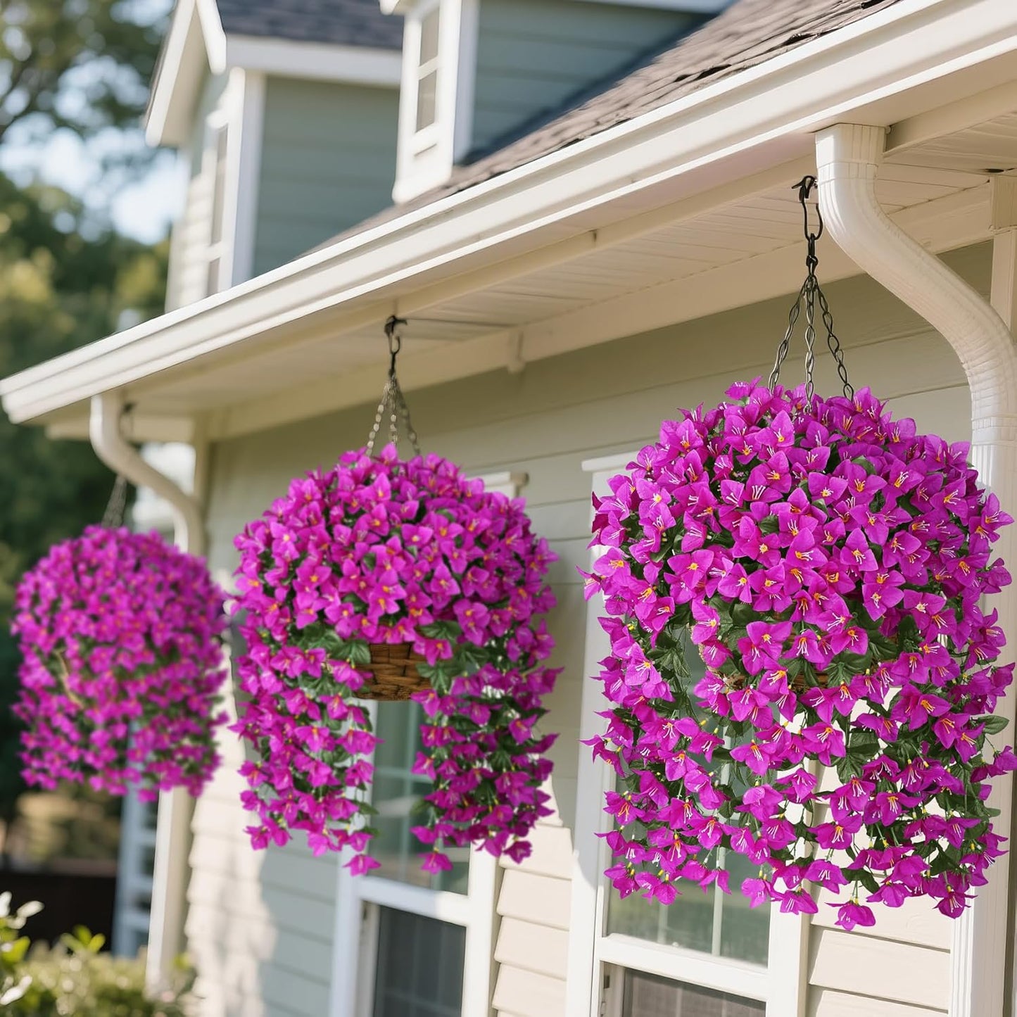 Artificial Bougainvillea Flowers for Outdoors, 2 Pcs, Fuchsia | Faux silk flowers, long trailing fake vines, for front door porch planter balcony patio summer spring home decor