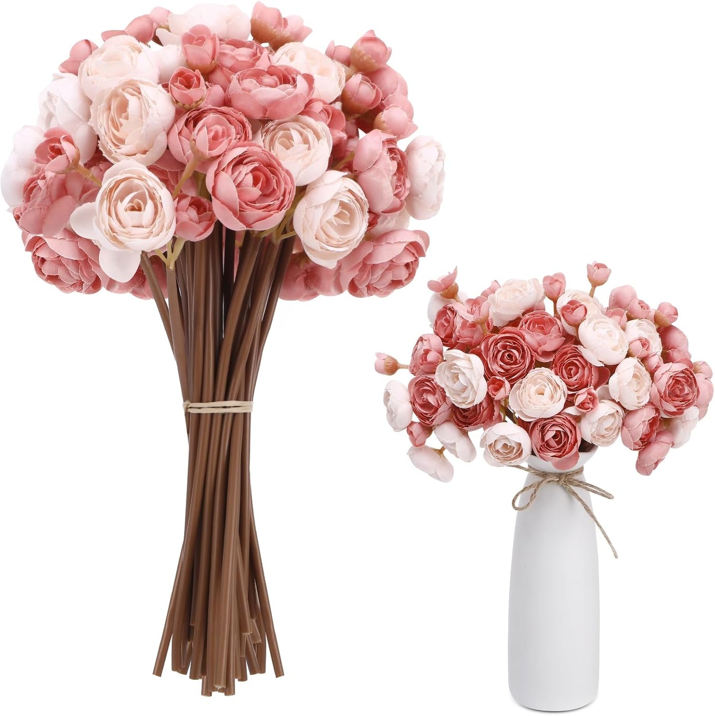 24 Pcs Ranunculus Artificial Flowers 4 Bouquets Faux Silk Mini Ranunculus Flowers Bulk Fake Wedding Filler Flowers for DIY Bouquets Centerpieces Bridal Shower Arrangements, Dusty Rose