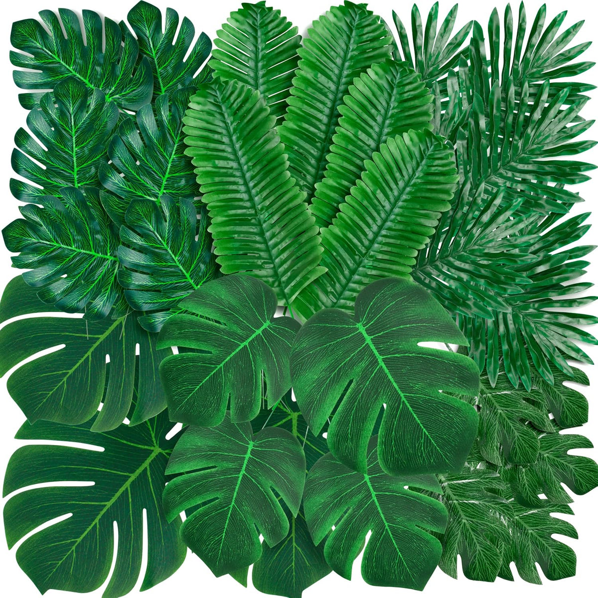 110 Pcs Artificial Tropical Palm Monstera, 7 Kinds Large Small Fake Palm Leaf with Stems for Safari Jungle Hawaiian Luau Party Table Decoration Wedding Birthday Theme Party (Green)