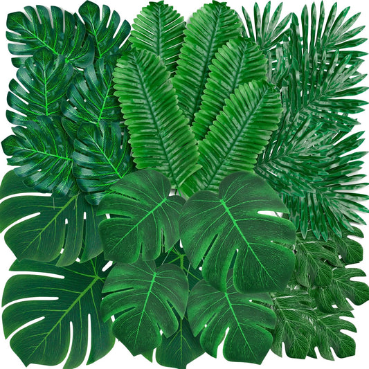 110 Pcs Artificial Tropical Palm Monstera, 7 Kinds Large Small Fake Palm Leaf with Stems for Safari Jungle Hawaiian Luau Party Table Decoration Wedding Birthday Theme Party (Green)