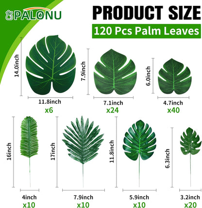 110 Pcs Artificial Tropical Palm Monstera, 7 Kinds Large Small Fake Palm Leaf with Stems for Safari Jungle Hawaiian Luau Party Table Decoration Wedding Birthday Theme Party (Green)
