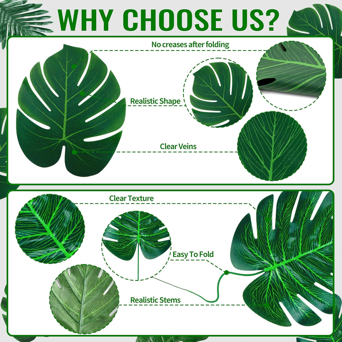 110 Pcs Artificial Tropical Palm Monstera, 7 Kinds Large Small Fake Palm Leaf with Stems for Safari Jungle Hawaiian Luau Party Table Decoration Wedding Birthday Theme Party (Green)