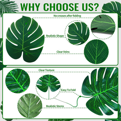 110 Pcs Artificial Tropical Palm Monstera, 7 Kinds Large Small Fake Palm Leaf with Stems for Safari Jungle Hawaiian Luau Party Table Decoration Wedding Birthday Theme Party (Green)