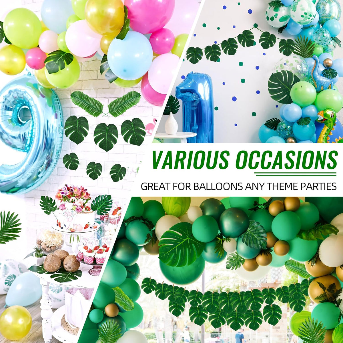 110 Pcs Artificial Tropical Palm Monstera, 7 Kinds Large Small Fake Palm Leaf with Stems for Safari Jungle Hawaiian Luau Party Table Decoration Wedding Birthday Theme Party (Green)