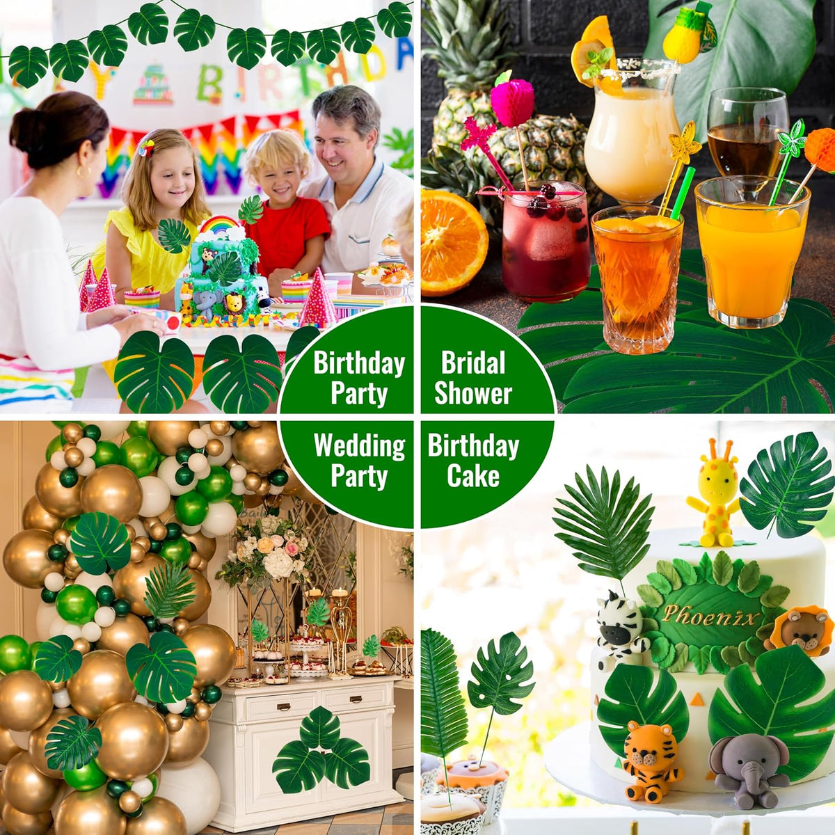 110 Pcs Artificial Tropical Palm Monstera, 7 Kinds Large Small Fake Palm Leaf with Stems for Safari Jungle Hawaiian Luau Party Table Decoration Wedding Birthday Theme Party (Green)
